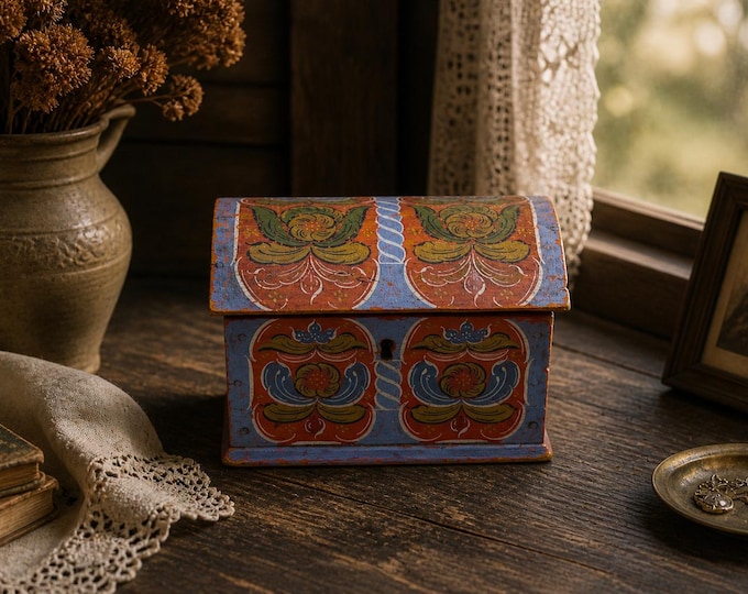Antique Norwegian Folk Art Os Painted Jewelry Box | 1910s Rosemaling Small Trunk | Vintage Scandinavian Keepsake Chest | Hand Painted Decor
