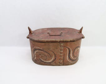 Antique Norwegian Bentwood Tine Box - 1800s Viksdal Rosemaling Folk Art from Sunnfjord