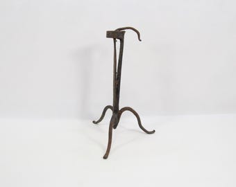 18th Century Norwegian Clamp Candlestick | Primitive Wrought Iron Stump Holder | 1700s Folk Art Tripod
