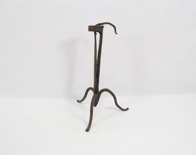 18th Century Norwegian Clamp Candlestick | Primitive Wrought Iron Stump Holder | 1700s Folk Art Tripod