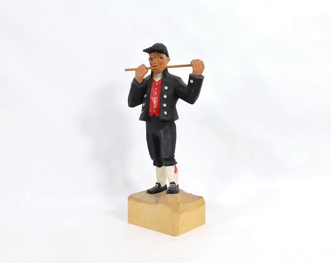 Vintage 1970s Norwegian Folk Art | Hand-Carved Wood Figure | Bunad Man Playing Flute | Collector's Piece | Unique Gift