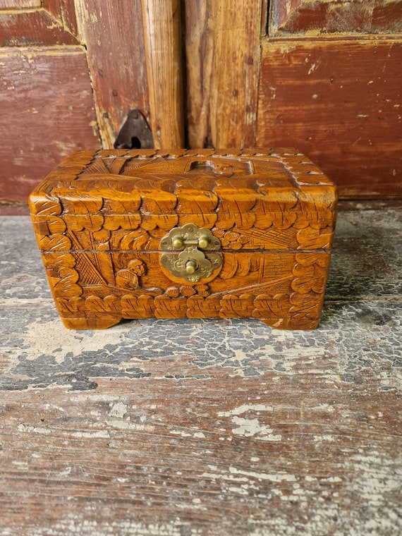 Old Small Camphor Wood Chest, Hand Carved, Trinket Box, Yewlery