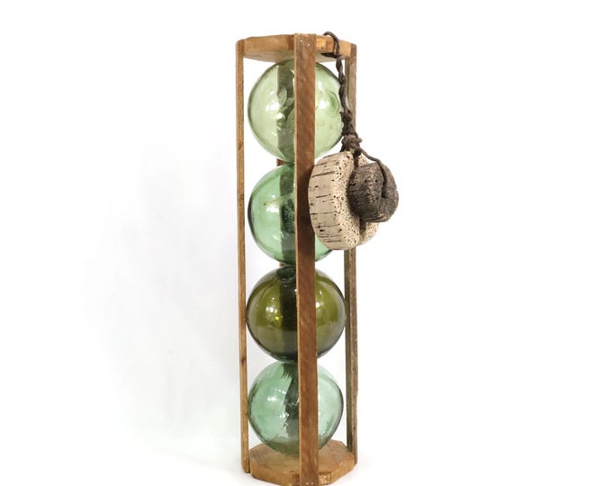 1920s Maritime Yarn Float Set in Wooden Box | 4 Hand Blown Glass Fishing Floats Germany England & Bergen Norway | Nautical Decor