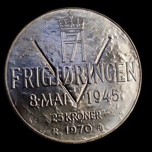 Vintage 1945 Norway 25 Kroner Silver celebration Coin - Liberation 25th Anniversary - Birthday gift - Gift - coin from 1970s
