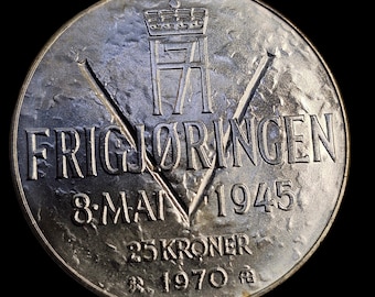 Vintage 1945 Norway 25 Kroner Silver celebration Coin - Liberation 25th Anniversary - Birthday gift - Gift - coin from 1970s