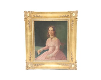 Antique 19th Century Oil Portrait – Elegant Woman in Pink Dress with Jewelry, Original Hand Painted Artwork in Ornate Gold Frame