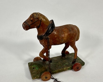 Vintage German Pull Toy | Early 20th Century Paper Mache and Wood | Collector's Piece