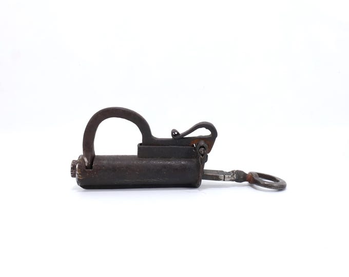 Rare 1800s Norwegian Hand Forged Padlock with Later Key | Antique Blacksmith Made Hanging Lock | Nordic Folk Art Primitive