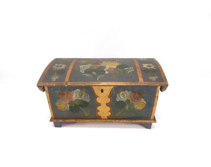 Antique Norwegian Rosemaling Chest Early 1900s Hand Painted Folk Art Wooden Keepsake Box Scandinavian Decor