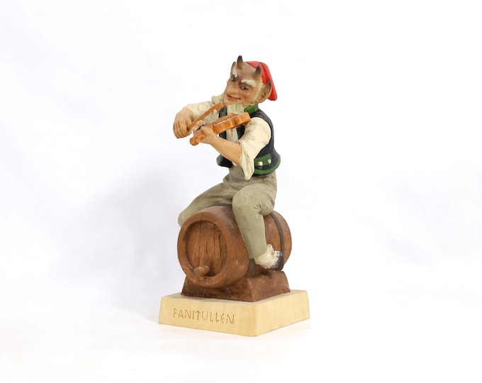 Henning Figure 1970s | Norwegian Folk Art | Fanitullen Devil Fiddle Figureg | Hand-Carved Wood Decor | Norse Heritage Gift