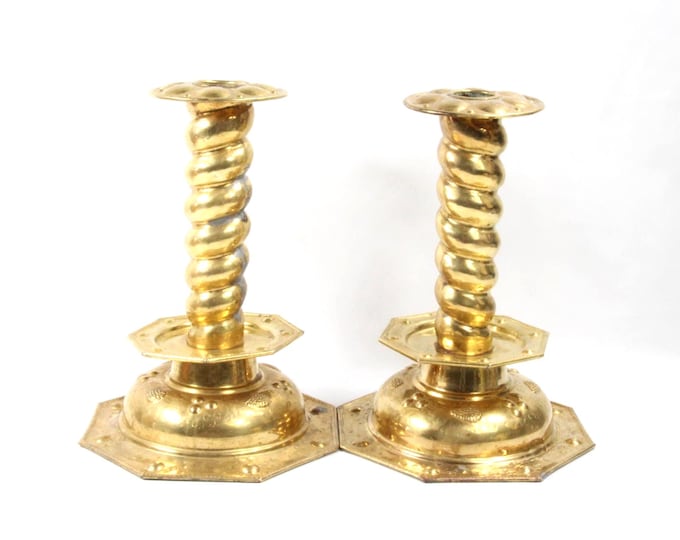Rare big 1900s Handmade church Brass Candlestick | Scandinavian Design | Hammered Metal | Antique Candlesticks | Nordic Candle Stands