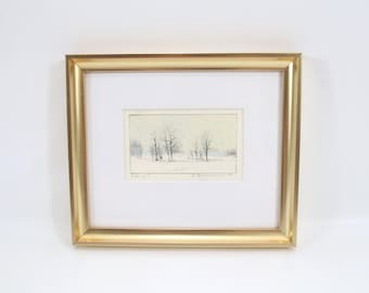 1984 Norwegian Lithograph | Winter Landscape with Bare Trees | Vintage Scandinavian Art Print | Signed Nordic Minimalist Artwork