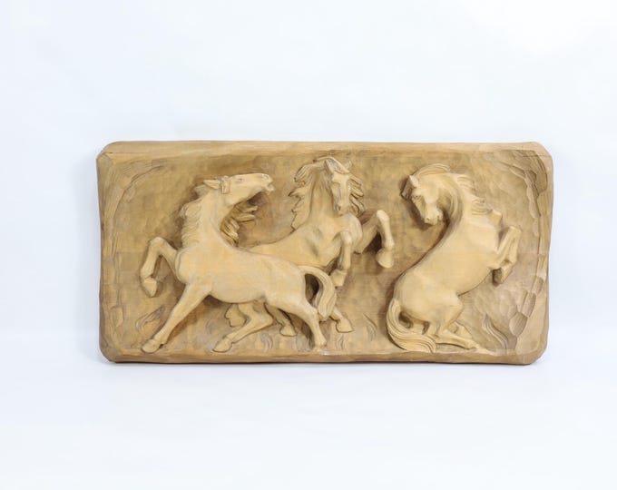 Vintage 1960s Hand Carved German Wood Relief with Horses - Unique Wall Hanging Decor
