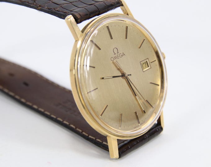 Omega 14k Yellow Gold Quartz Watch 1430 | 34mm Vintage Swiss Dress Watch | Date Window | Original Strap & Box | Serviced | Luxury Timepiece