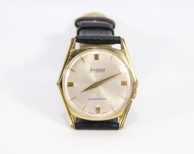Accurist Shockmaster 21 Jewels Swiss Hand Wound Watch | Vintage 1960s Gold Plated 33mm | Mechanical Dress Watch with Calf Strap