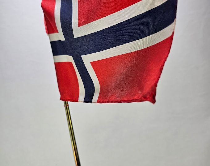 Norwegian National Flag on Vintage Brass Desk Flag Holder - Unique Office Decoration