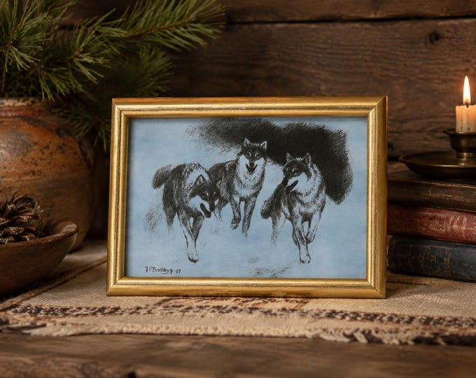 Vintage Jan Petter Bratsberg Porcelain Art Print 1984 | Framed Norwegian Wolf Wildlife Plaque | Signed Scandinavia Cabin Decor Wolves