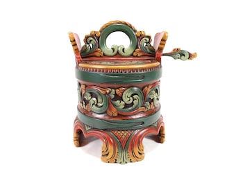 Antique Norwegian Grøtambar Gudbrandsdalen 19th Century – Hand Carved Acanthus Wood Porridge Box – Nordic Folk Art Storage Vessel