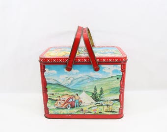 Stabburet Advertising Picnic Tin | 1950s Norwegian Food Container | VW Beetle Motif Mid Century Collectible