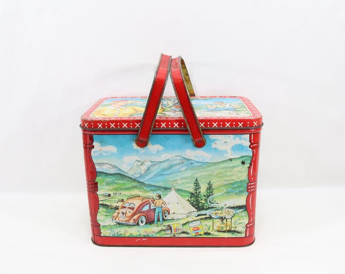 Stabburet Advertising Picnic Tin | 1950s Norwegian Food Container | VW Beetle Motif Mid Century Collectible