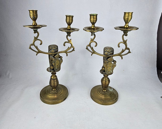 Vintage Brass Candlestick Holders with Lion Motif - Norwegian Handmade Lighting Tools from 1900-1930s - Rare Set of Two
