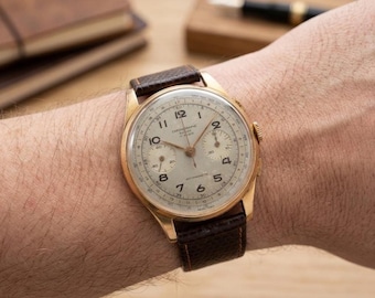 Vintage Swiss 18K Gold Chronograph Wristwatch | Chronographe Suisse 17 Rubis Manual Wind Two Register Chronograph c1950s