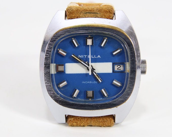 Nitella Incabloc Swiss Hand Wound Watch | Vintage 1970s 37mm Blue Dial Mechanical Wristwatch | Swiss Made Men’s Watch with Suede Strap
