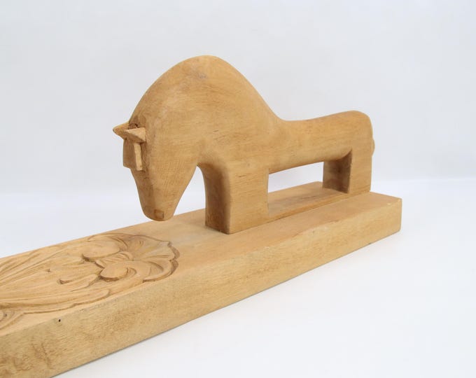 Vintage Norwegian Mangle Board with Carved Horse Handle | Hand-Carved Birch Folk Art Panel | Traditional Scandinavian Home Decor