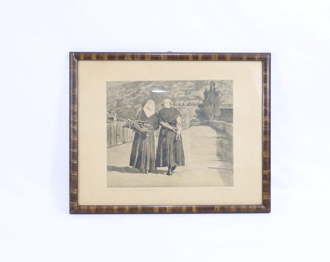 Gudbrandsdalen Etching by O.Storm 1930s | Norwegian Peasant Women Art | Traditional Attire | Rural Life Decor
