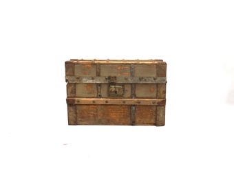 Antique Norwegian Transport Chest Folk Art Wood Trunk With Metal And Brass Fittings Rustic Patina Storage Box Circa 1890 1910