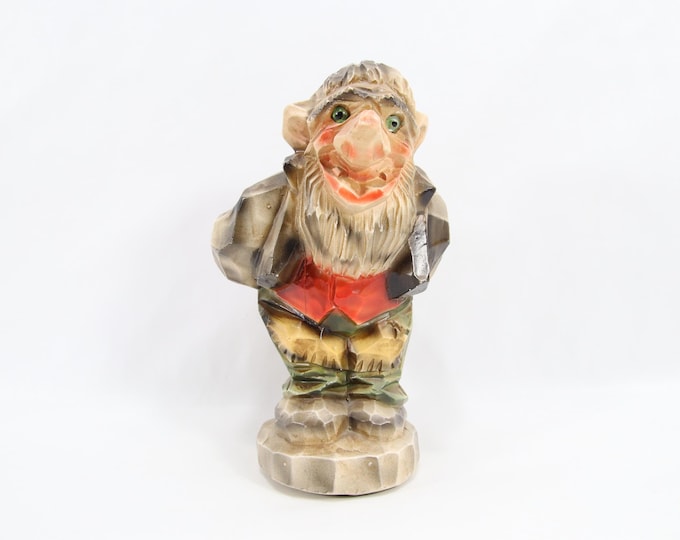 Vintage 1960s Norwegian Folk Art Troll Figurine | Hand Painted Gypsum Sculpture by Hauketo Figurkunst | Scandinavian Mid Century Collectible