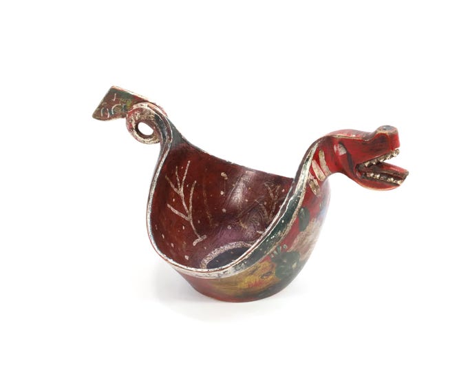 Norwegian Dragon Head Kjenge | Drinking Bowl 1882 | Norwegian Peasant Antique | Collector's Gem | Rustic Decor