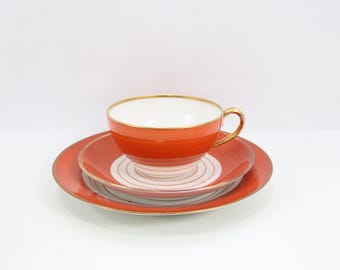Nora Gulbrandsen Coffee Trio | Art Deco Red Orange Porcelain | Porsgrund Model 1365 1950s