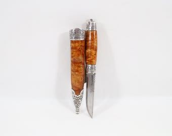 Norwegian Bunad Decorative Knife | 925 Silver Telemark by Mikkelsborg | Søndrål Blade | Curly Birch Folk Art Heirloom