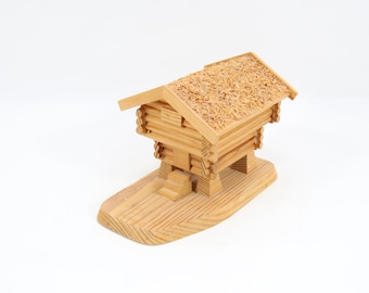 Norwegian Handcrafted Stabbur Match Holder 1970s | Wooden Folk Art Model Storehouse | Scandinavian Architectural Miniature