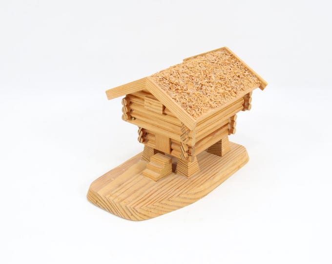 Norwegian Handcrafted Stabbur Match Holder 1970s | Wooden Folk Art Model Storehouse | Scandinavian Architectural Miniature