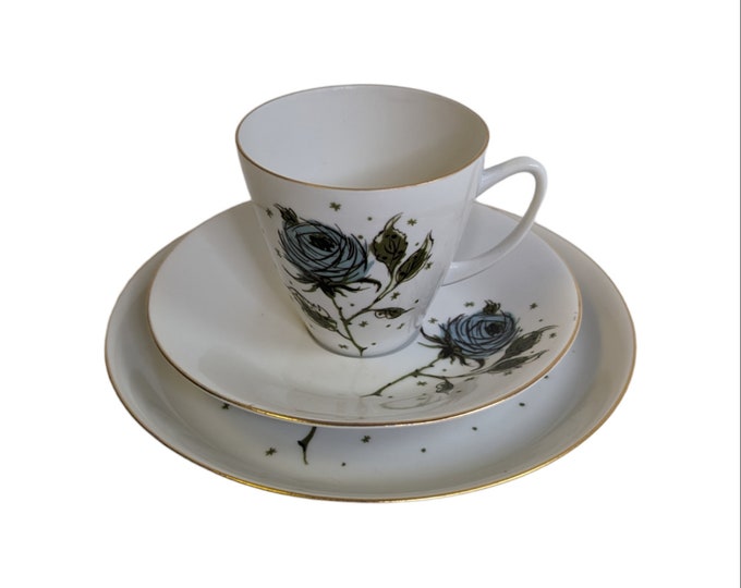 Elegant Porsgrund Porcelain Blue Rose Cup and Saucer Set - Perfect for Tea or Coffee Lovers - Breakfast Trio
