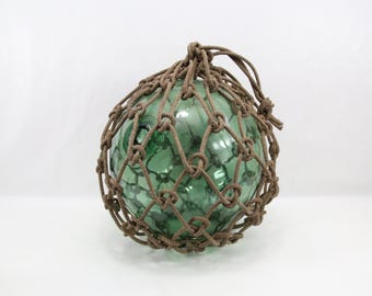 Large 1910s Japanese Glass Fishing Float with Original Hemp Net | Hand Blown Deep Sea Maritime Buoy