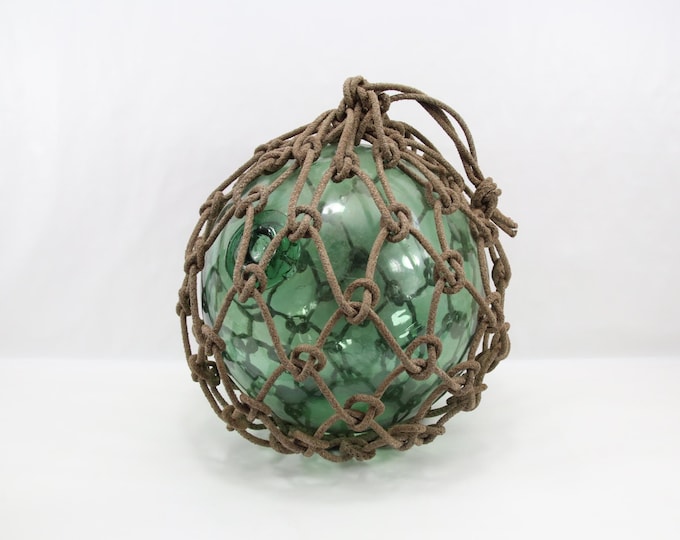 Large 1910s Japanese Glass Fishing Float with Original Hemp Net | Hand Blown Deep Sea Maritime Buoy