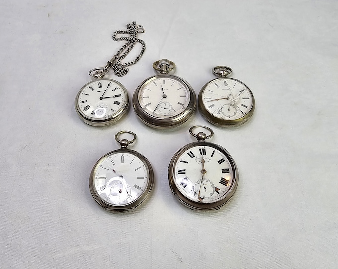 Lot of 5 antique pocket watches - Pocket watch parts - Silver pocket watches - Train watch