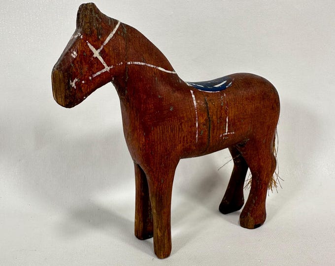Vintage 1920s Norwegian Hand Carved Wooden Horse | Deep Red Barn Paint | Nordic Collector's Piece