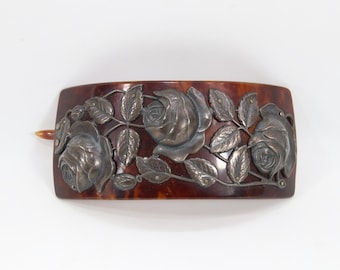 Antique Norwegian 830S Silver Hair Barrette | Art Nouveau Rose Repoussé | 1900s Tortoise Celluloid Hair Accessory