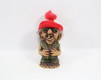 NyForm Troll Boy Figurine Red Hat | Norwegian Handmade Troll Figure | Vintage 1980s Scandinavian Folk Art Decor