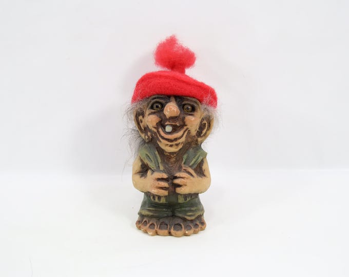 NyForm Troll Boy Figurine Red Hat | Norwegian Handmade Troll Figure | Vintage 1980s Scandinavian Folk Art Decor