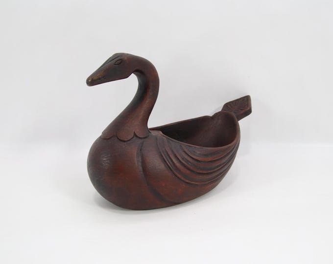 Norwegian Wooden Kjenge Drinking Bowl | Hand-Carved Birch Folk Art with Red-Brown Paint | Vintage Scandinavian Woodcraft Decor