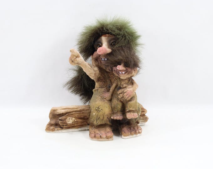 NyForm Troll Father and Son 269 | Norwegian Handmade Latex Figurine | Scandinavian Folklore Log Scene 1990s