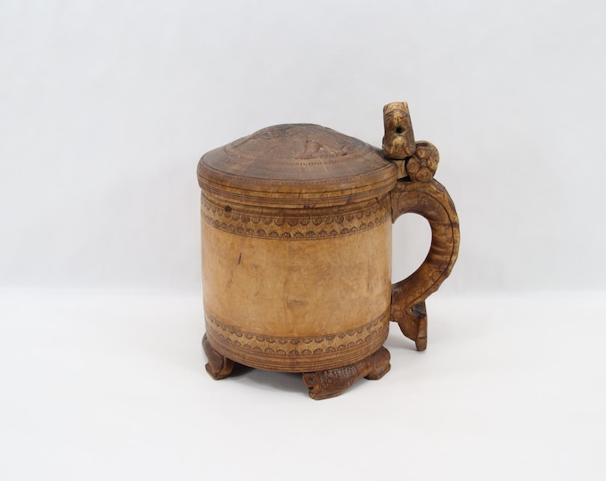 Antique 1719 Norwegian Lion Tankard | Large Hand Carved Wood Ale Mug | Scandinavian Folk Art Museum Display Lidded Drinking Vessel