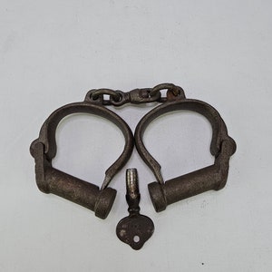 Vintage Wrought Iron Handcuffs with Bolt Lock - Unique Antique Decor - 1900s Police Memorabilia
