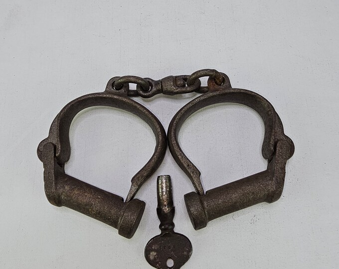 Vintage Wrought Iron Handcuffs with Bolt Lock - Unique Antique Decor - 1900s Police Memorabilia