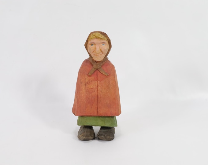 Hand Carved Norwegian Wooden Lady Figure - Vintage Retro Folk Art Decor